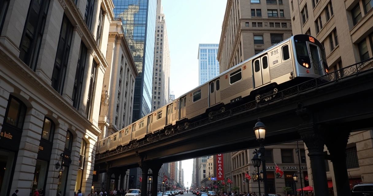 Trem elevado de Chicago passando por prédios 