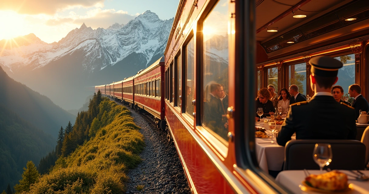 Trem de luxo cruzando paisagem montanhosa 