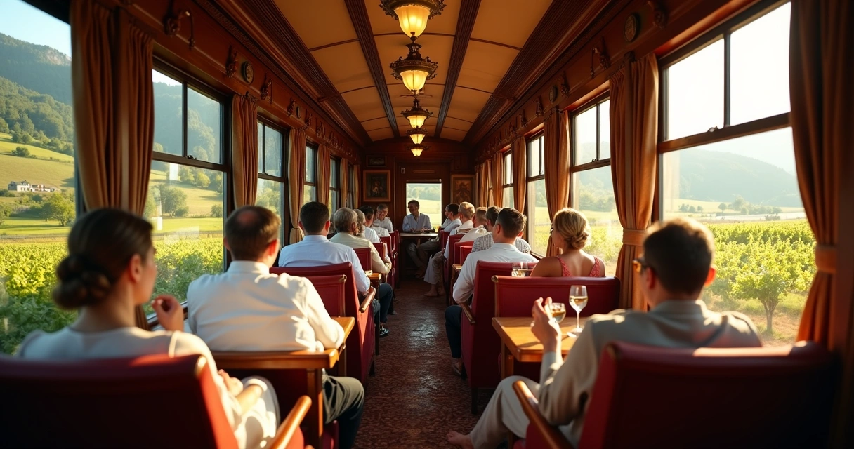 Interior de um vagão antigo de trem atravessando vinhedos na Europa. 