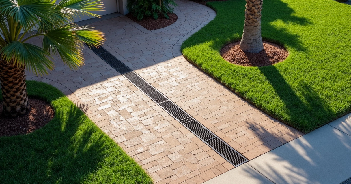 Trench drain installed across a Florida driveway entrance 