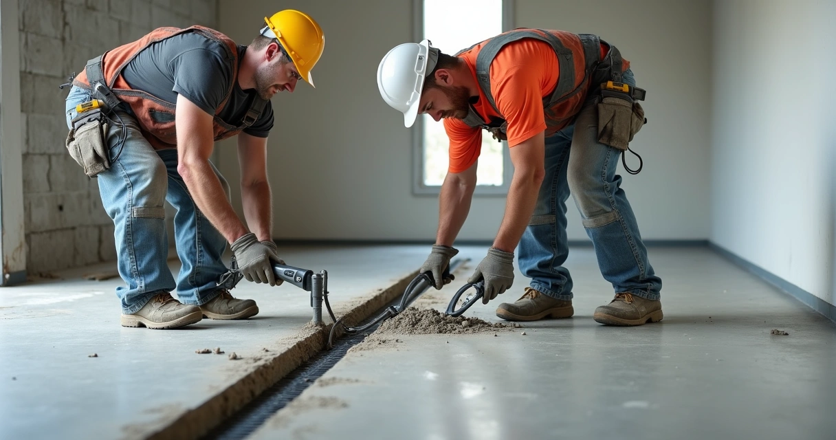 Workers installing a trench drain in concrete garage floor, tools and compacted base visible 