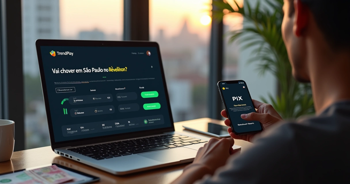 Interface de mercado de previsões da TrendPlay em reais no notebook com jovem usando PIX no celular 