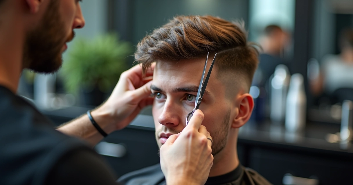 Profissional fazendo corte de cabelo moderno em cliente masculino 