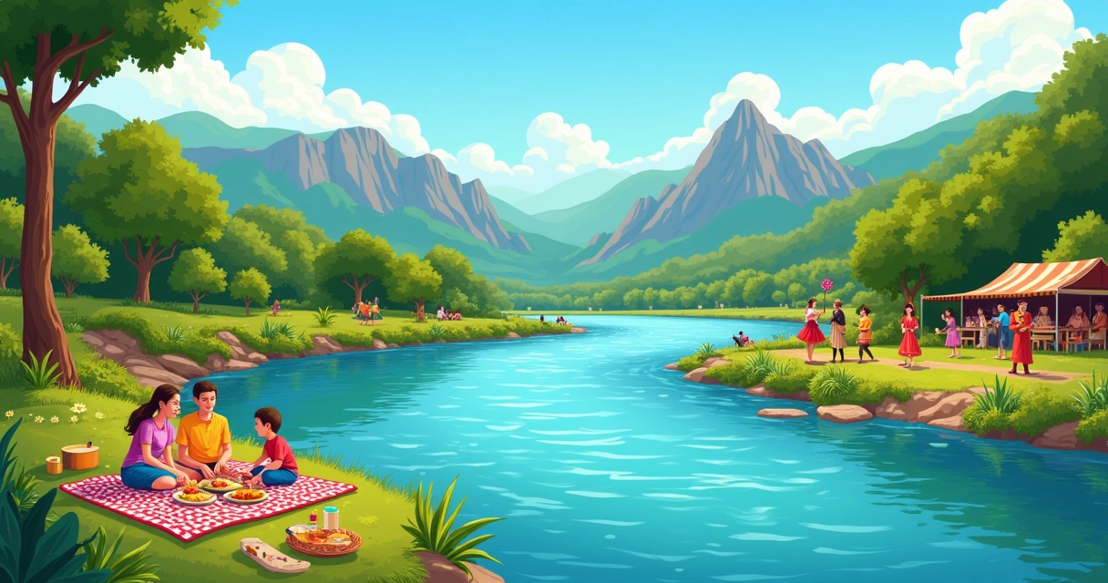 Ilustração colorida de Três Lagoas, destacando o Rio Sucuri e Parque Nacional da Serra da Bodoquena com atividades familiares.