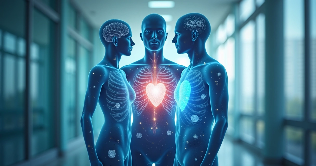 Três figuras sobrepostas simbolizando mente, coração e proteção em profissional de saúde 