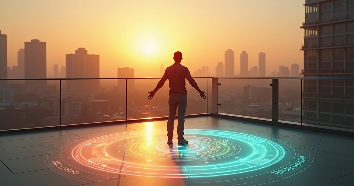 Pessoa em pé diante de um círculo dividido em emoção mente e ação interligados 