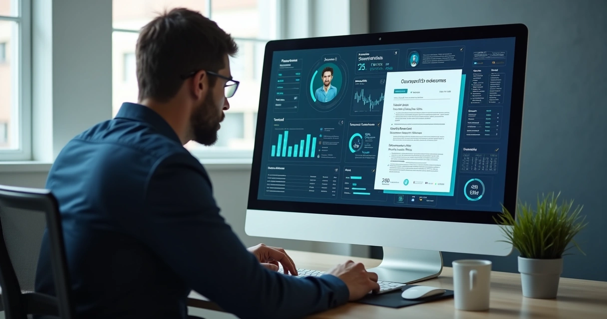 Recrutador analisando currículo em computador com gráficos ao fundo
