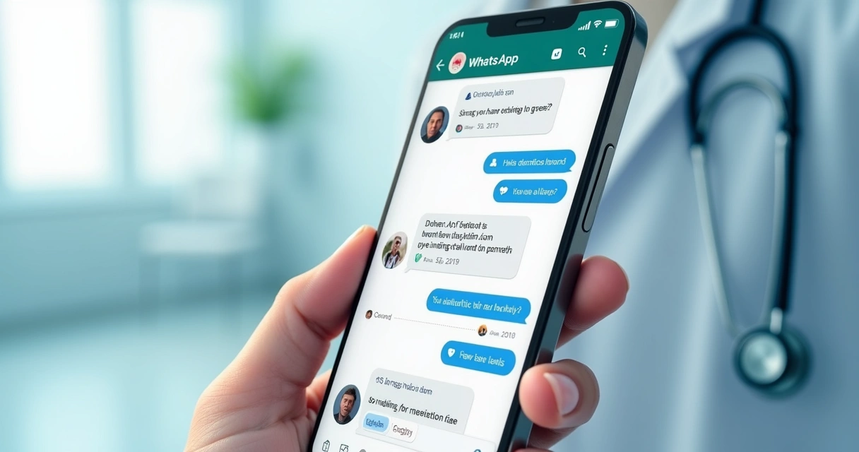 Ilustração de tela de WhatsApp em um celular, exibindo mensagens automatizadas de triagem em uma clínica
