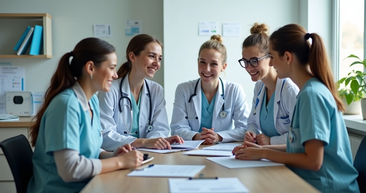 Equipe de clínica analisando respostas do questionário de triagem no computador