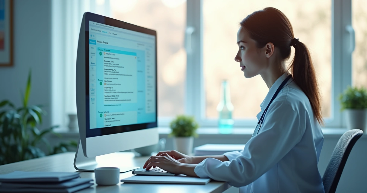 Profissional de saúde analisando mensagens em computador, com fichas organizadas na mesa 