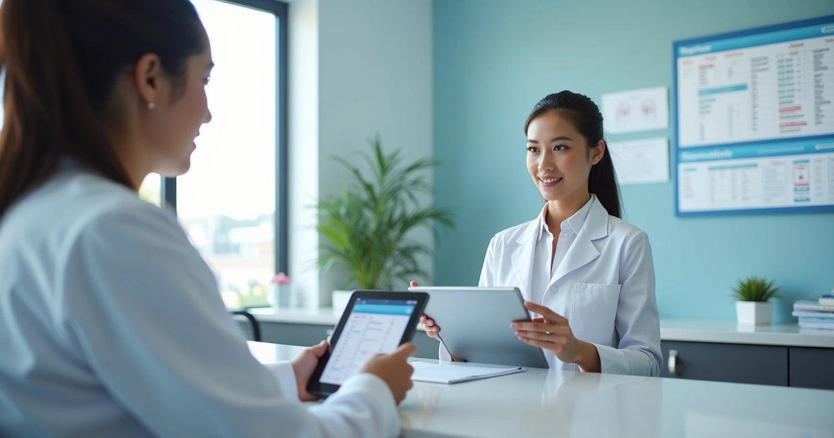 Recepcionista realizando triagem de urgência em consultório odontológico 