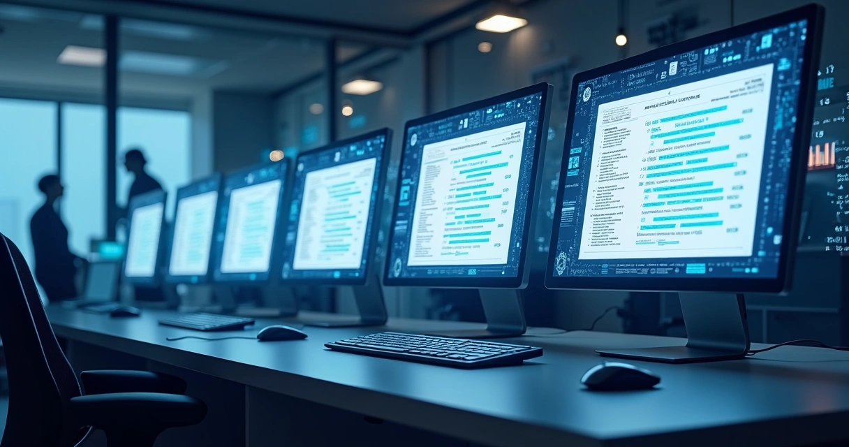 Ilustração de um processo de triagem de currículos com IA, mostrando computadores, gráficos de ranking e perfis de candidatos destacados na tela 