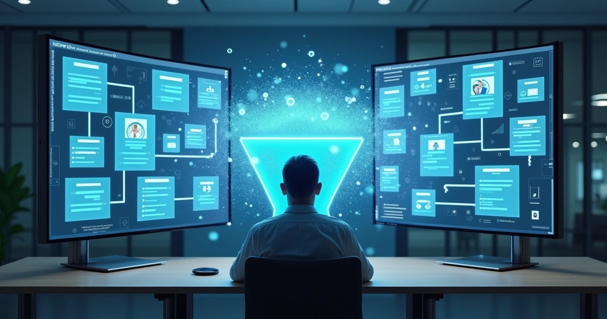 Recrutador observando tela com vários currículos sendo filtrados por IA