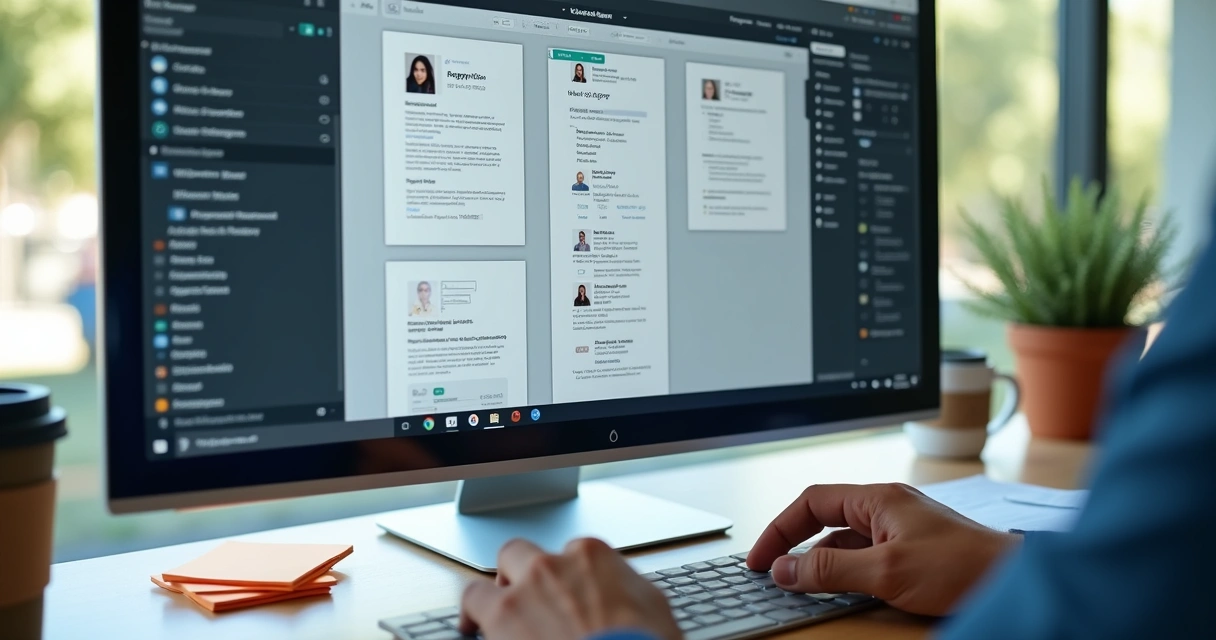 Monitor mostrando sistema de triagem de currículos na tela, com mãos utilizando mouse 