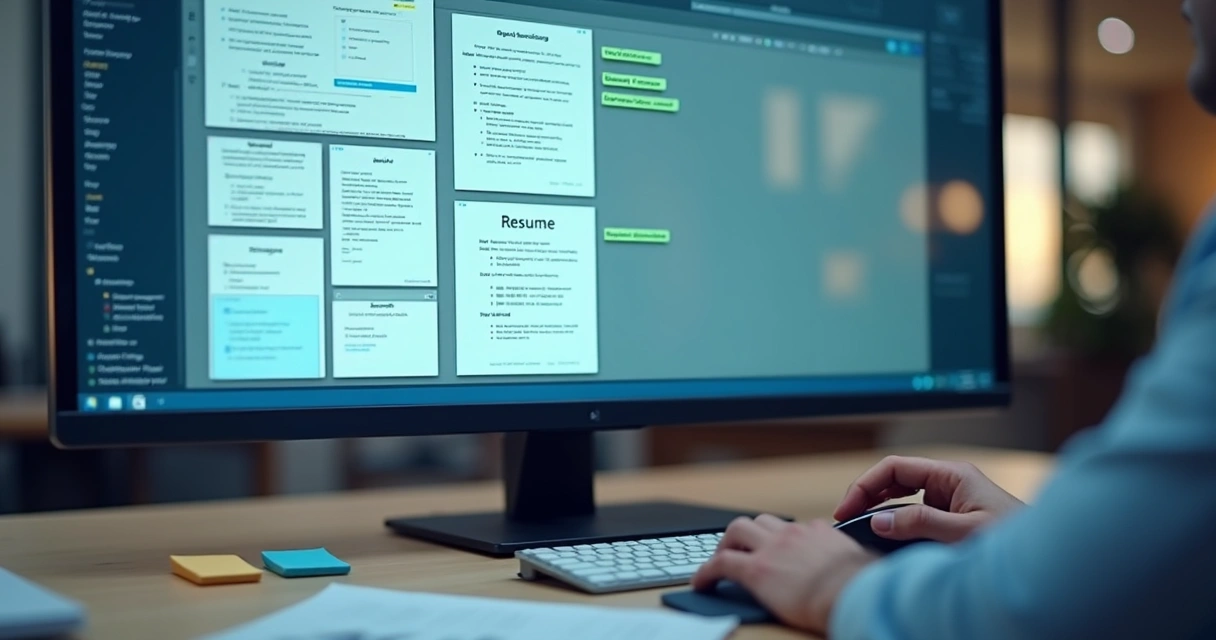 Tela de computador dividida, com currículo sendo analisado digitalmente 