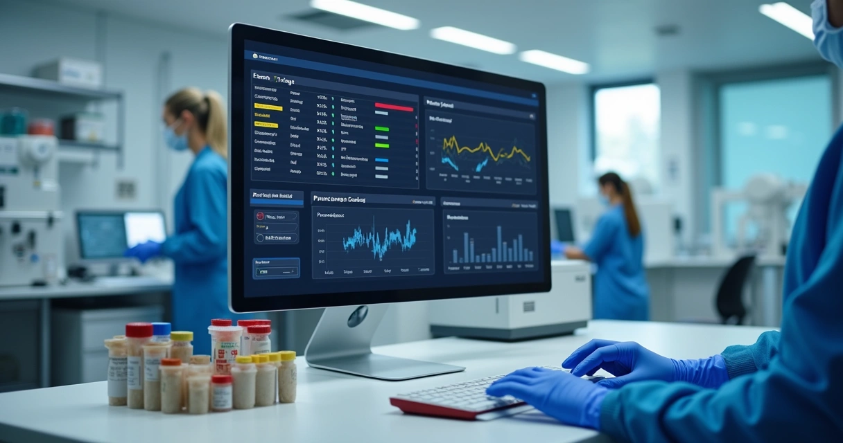 Tela de triagem digital em laboratório com resultados e alertas 