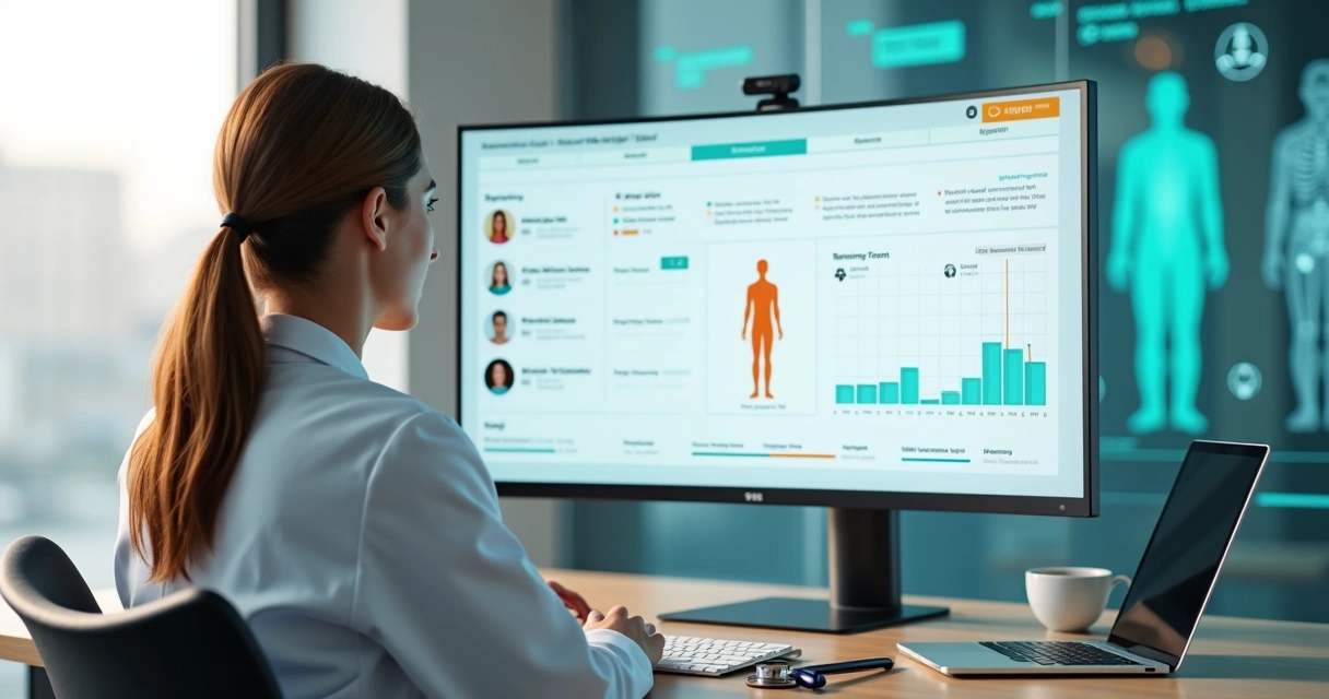Médico analisa painel de triagem digital em grande tela com fila priorizada de pacientes 