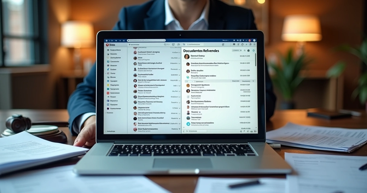 Advogado revisando documentos com tela dividida mostrando IA filtrando emails 