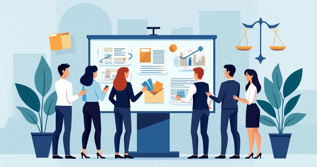 Profissionais jurídicos analisando documentos em uma tela digital