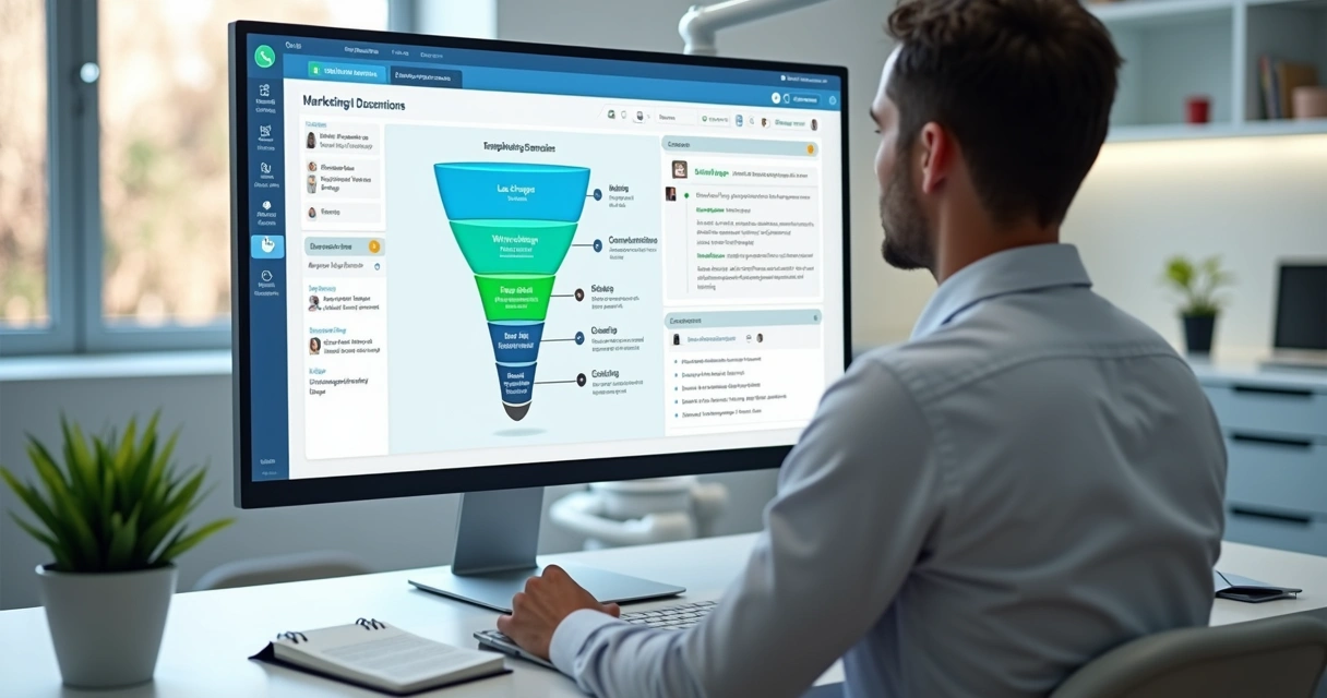 Dentista analisando funil de triagem e follow-up de pacientes de implante dentário em tela de computador 