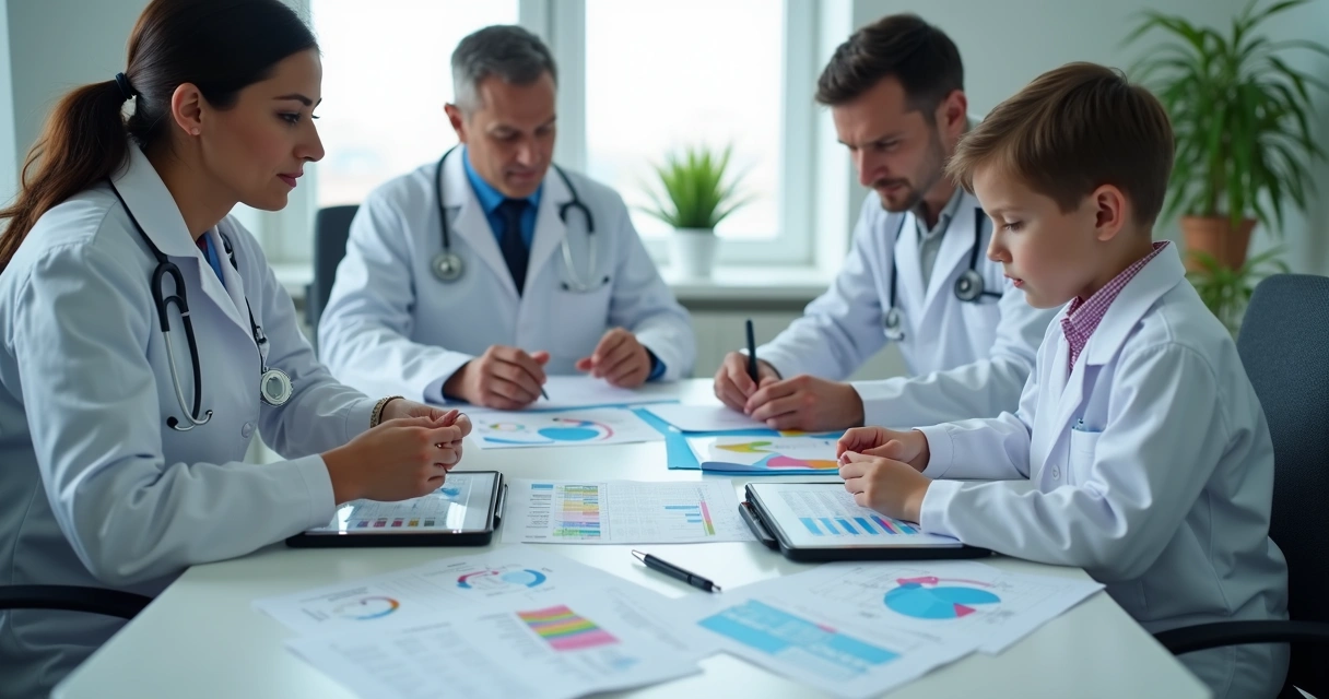 Equipe médica analisando gráficos de triagem genética em tablets 