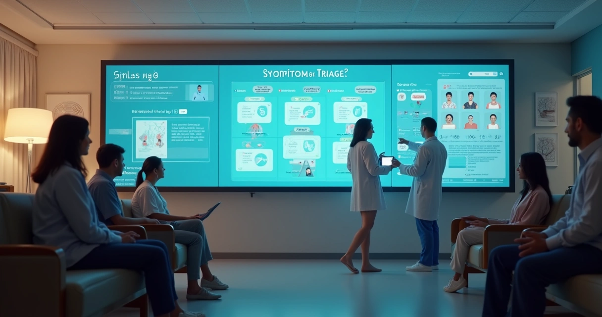 Tela de triagem digital em recepção de clínica 