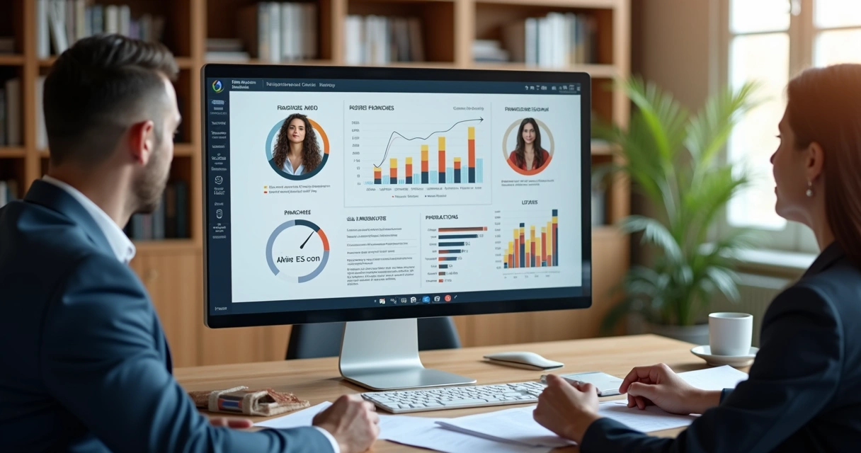 Tela de computador mostrando análise automática de perfis de franqueados com gráficos coloridos