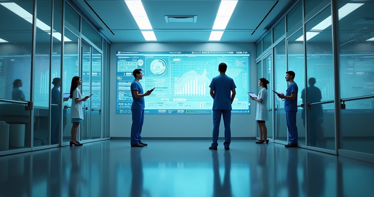 Sala de triagem hospitalar com painel digital analisando dados médicos por IA 