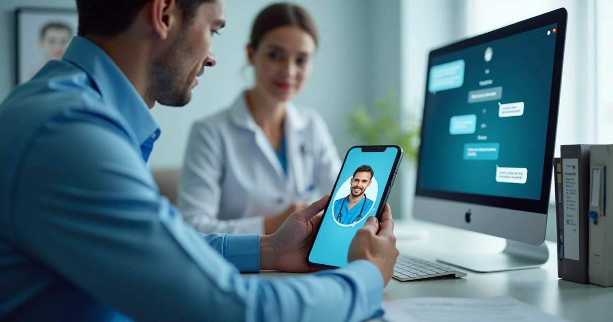 Chatbot interage com paciente em clínica, computador e smartphone na cena