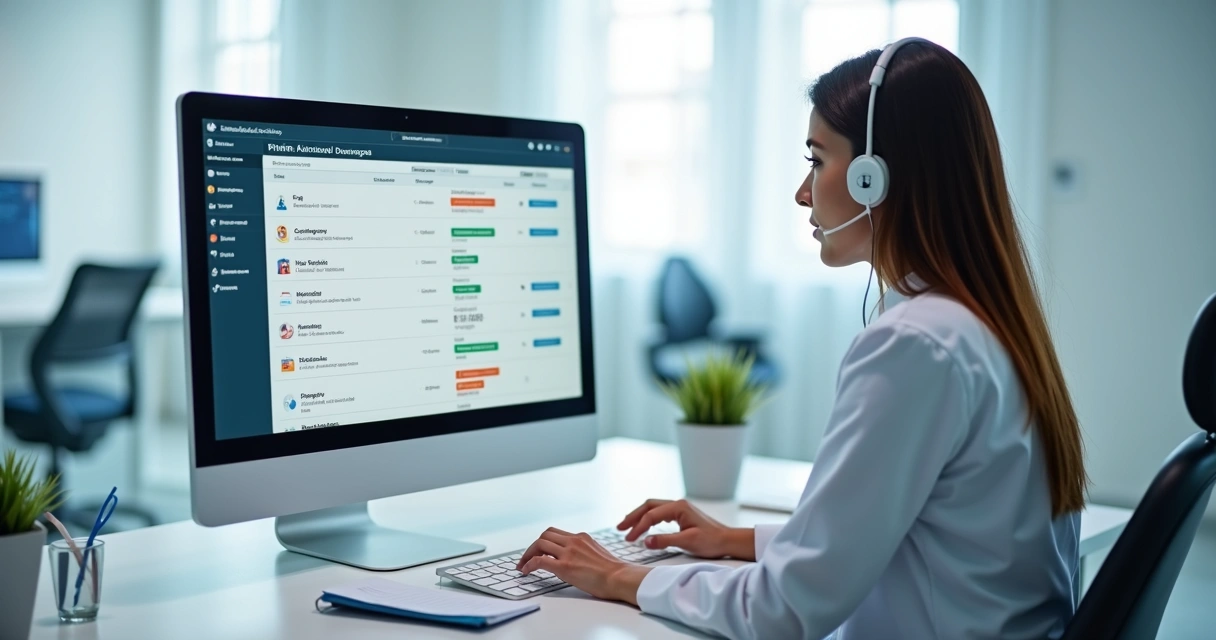Recepcionista analisando mensagens de pacientes em tela de computador