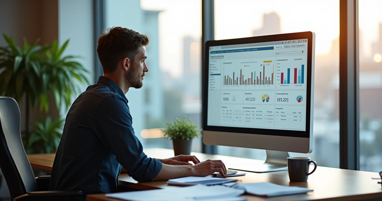 Profissional analisando leads qualificados em monitor de computador 