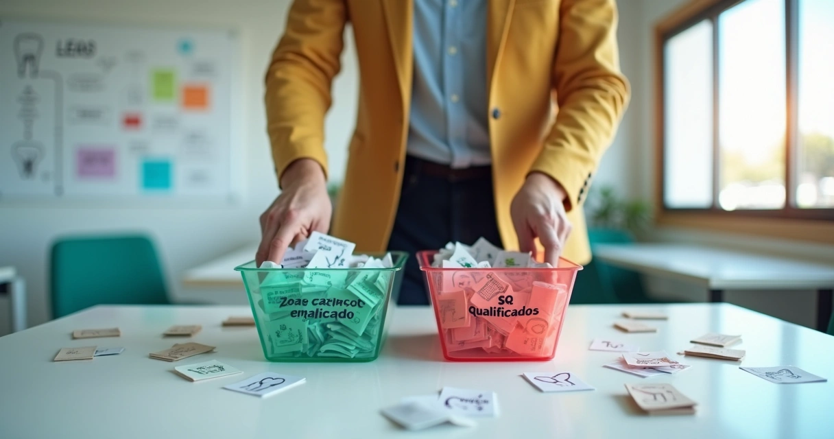 Gestor de clínica odontológica separando leads qualificados e não qualificados em placas coloridas 