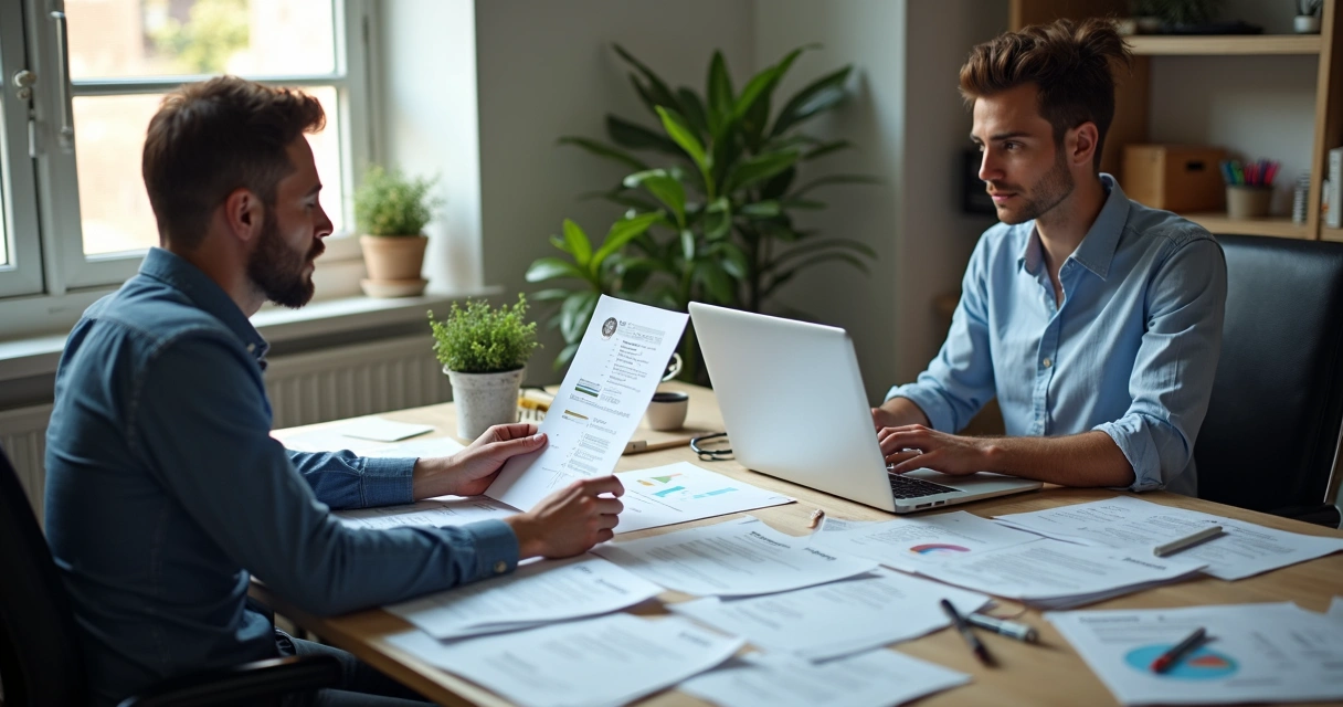 Pessoa analisando currículos em papel ao lado de outro profissional usando computador 