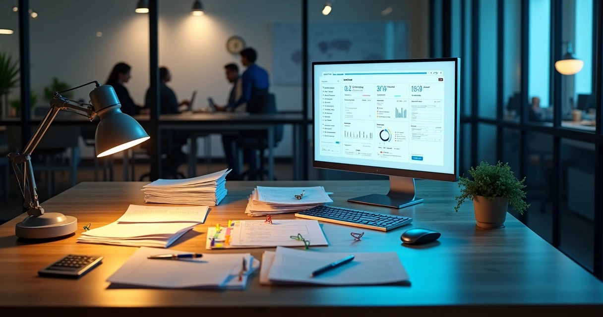 Mesa dividida mostrando pilha de currículos à mão e painel digital de seleção de candidatos 