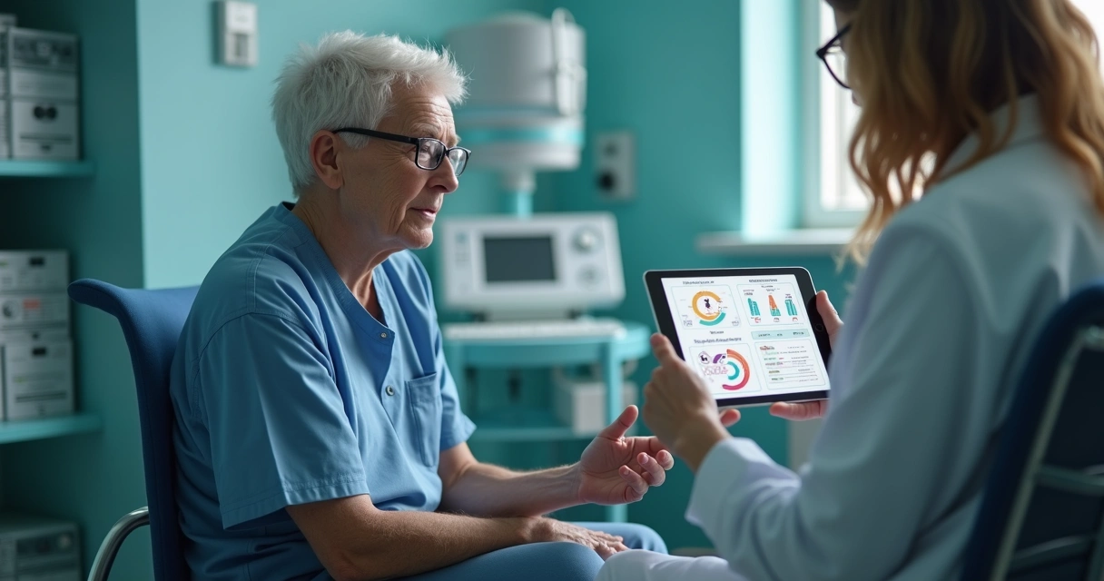 Profissional de saúde avaliando paciente oncológico, com gráficos e anotações em tela digital 