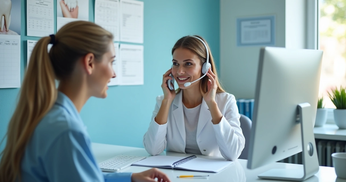 Recepcionista com headset faz triagem odontológica em clínica moderna