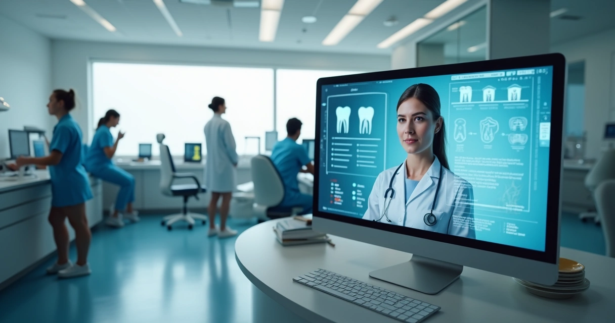 Triagem inteligente de pacientes odontológicos diante de computador com agente de IA. 