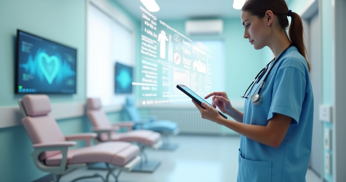 Profissional de saúde analisando informações de pacientes em tablet em clínica com ambiente moderno 