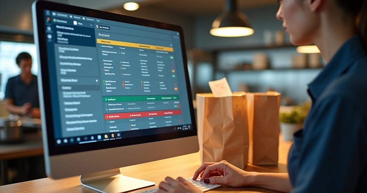 Tela de triagem de pedidos delivery com alertas de risco e equipe ao fundo 