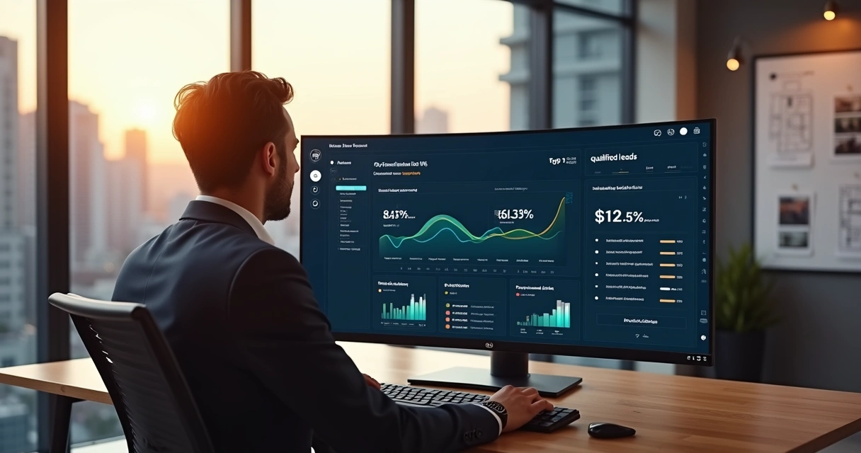 Gestor imobiliário analisa propostas em tela com ícones de inteligência artificial 