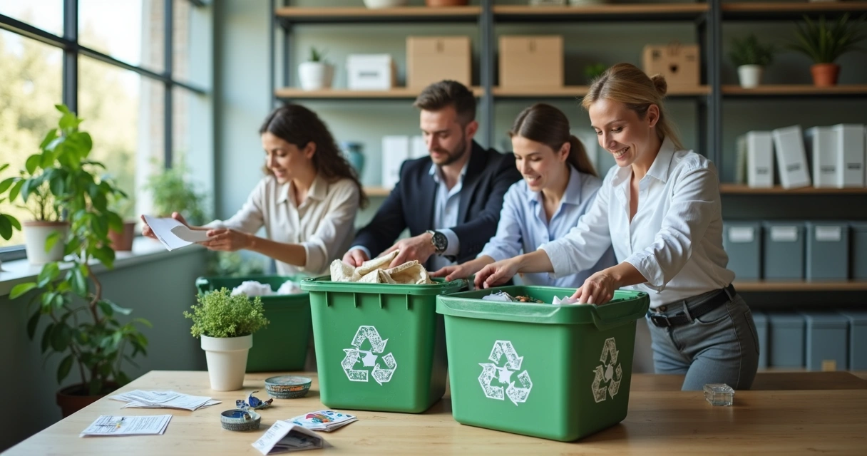 Equipe separando resíduos em escritório corporativo