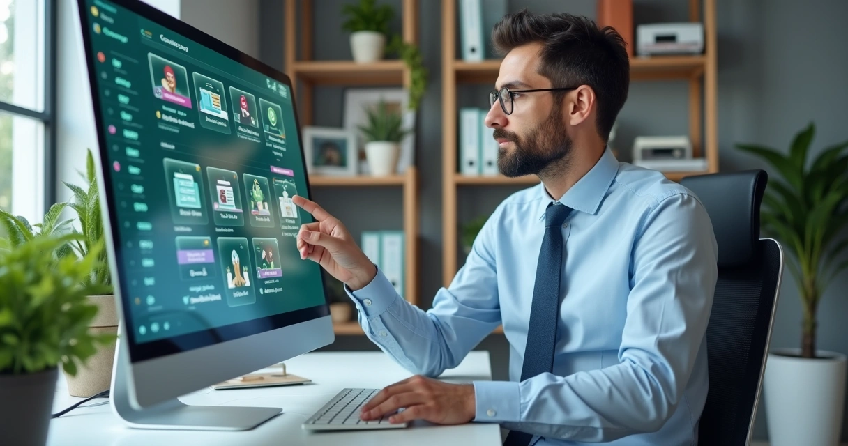 Gestor utilizando painel digital para triagem de atendimentos 
