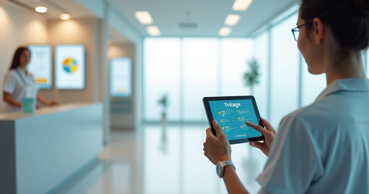 Triagem virtual clínica com paciente usando tablet em recepção 