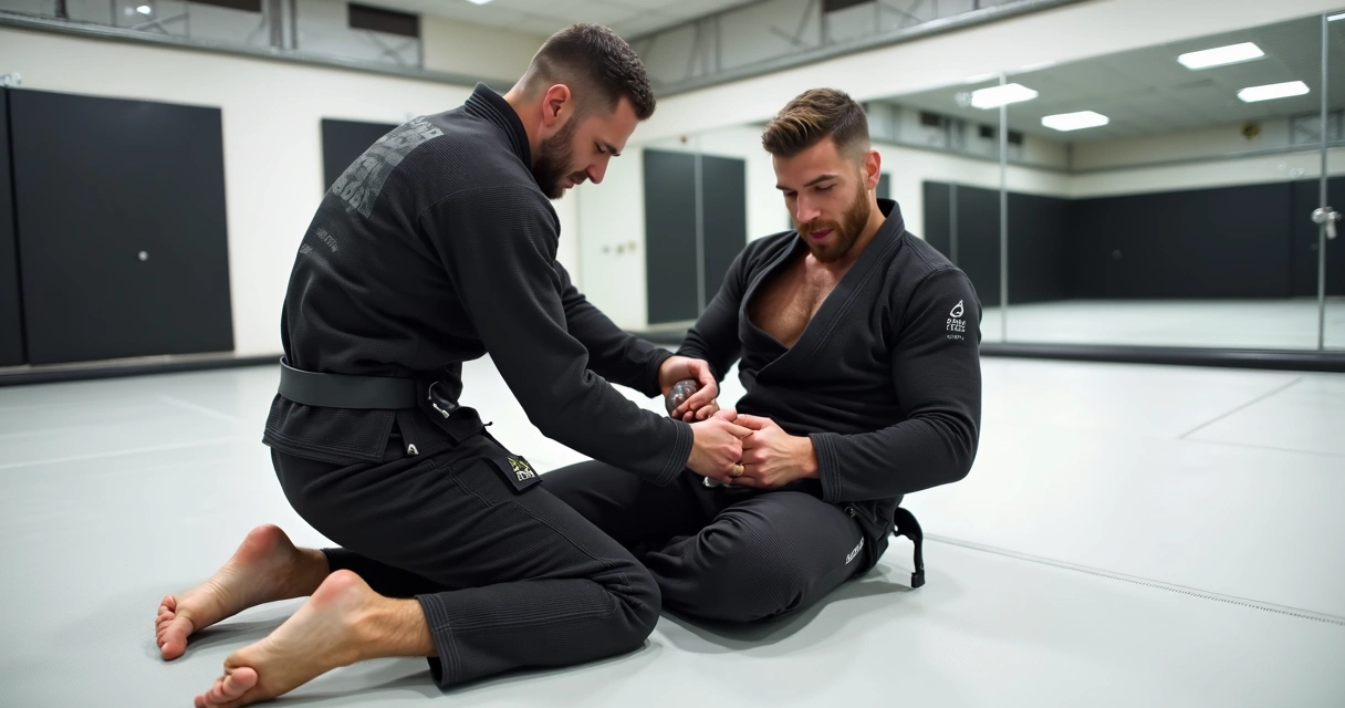 BJJ triangle choke drilling, two athletes repeating entry