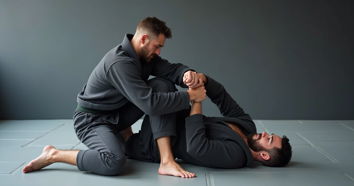 Triangle choke first step, isolating one arm between legs
