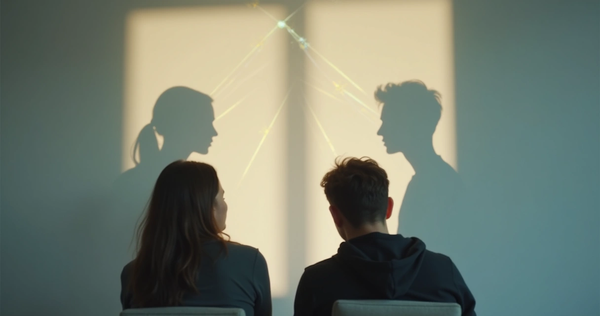 Três sombras humanas formando triângulo com linhas luminosas ligando elas 