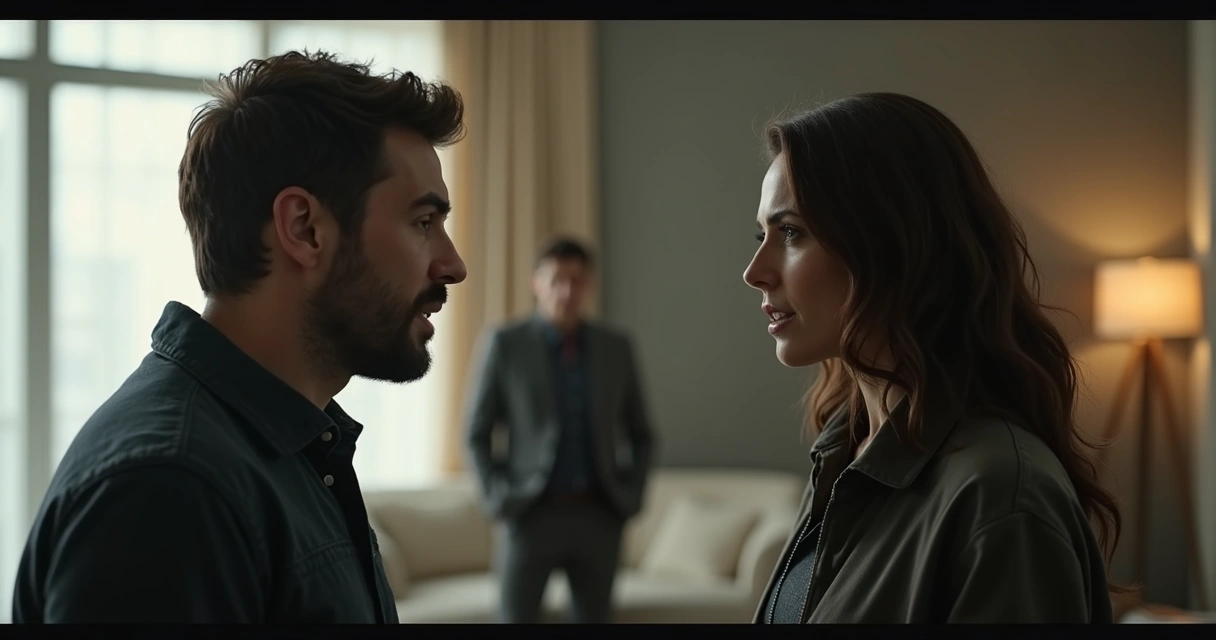 Duas pessoas conversando enquanto uma terceira observa de longe 