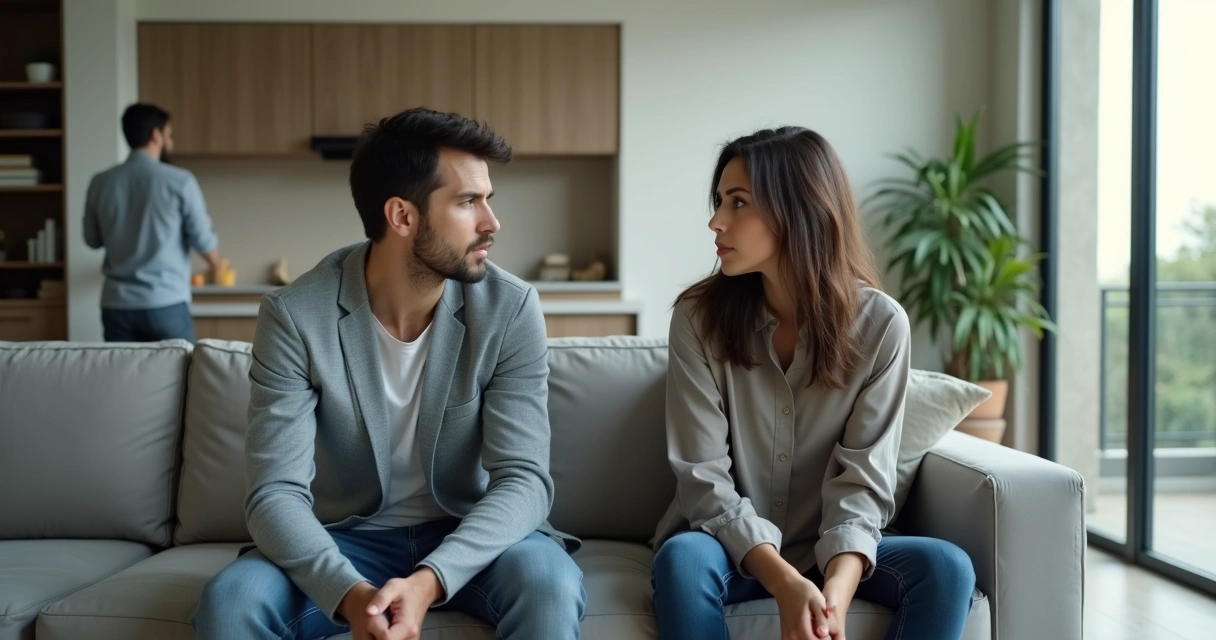 Casal em conflito com terceira pessoa ao fundo representando triangulação emocional 