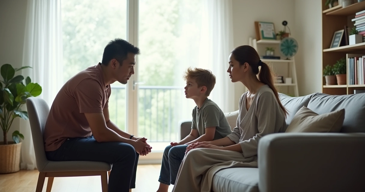 Tres personas en una familia formando una tensa dinámica triangular en una sala moderna 