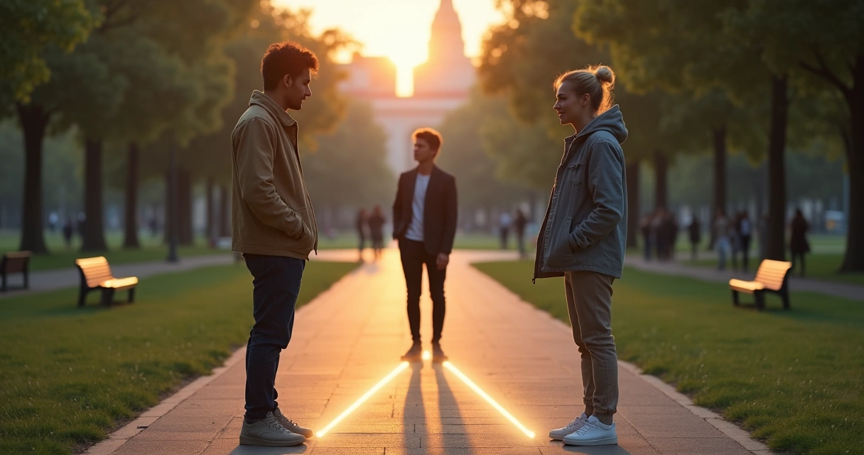 Tres personas formando un triángulo con distancia emocional entre ellas 
